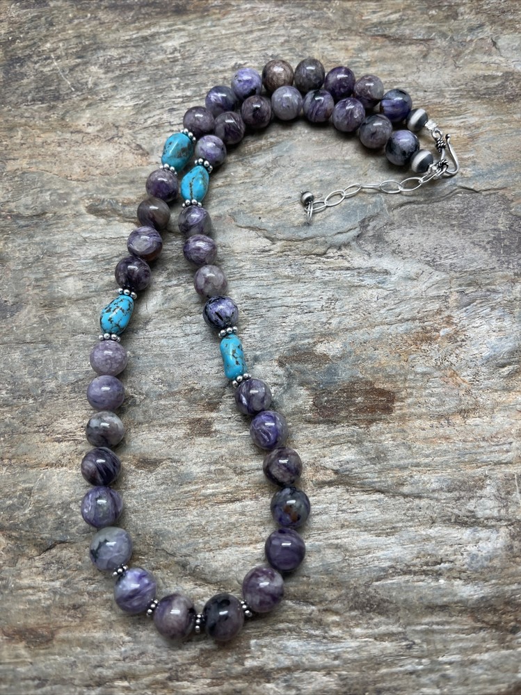 Sterling Silver Charoite Bead Necklace.