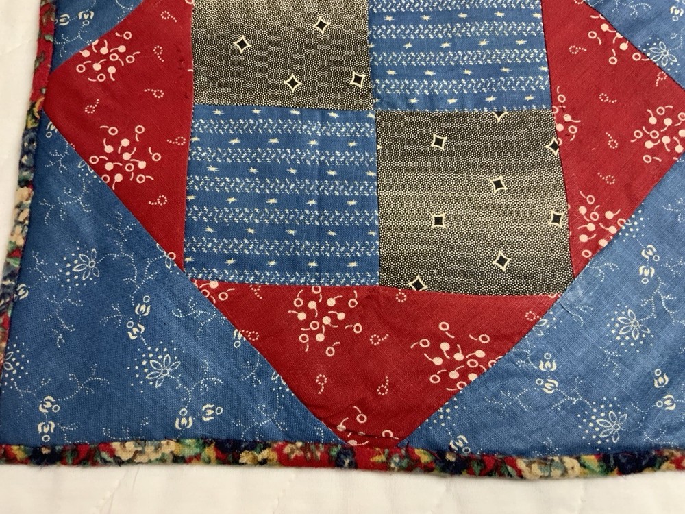 Antique Patchwork Quilt Table Topper, Four Patch W/ Triangles, Early Calicos