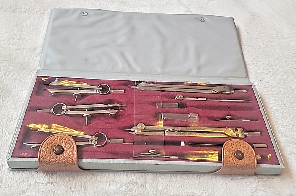 Tacro Vintage Drafting Tool Drawing Set With Case 2227 Engineering Set Compass