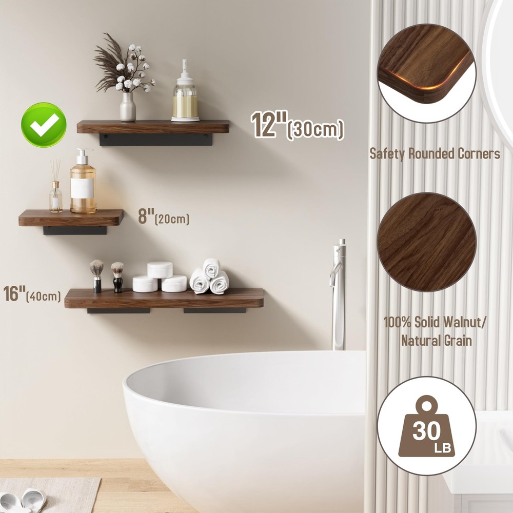 12 inch Solid Walnut Floating Shelf - Versatile Wall Shelf for Kitchen, Bathr...