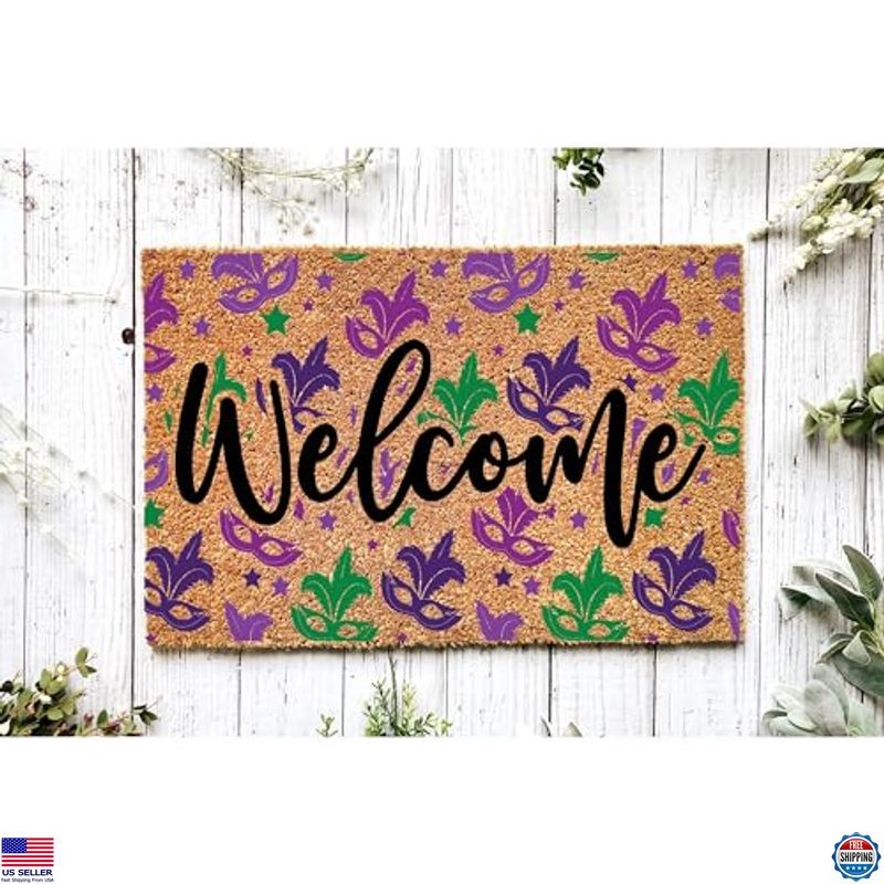 Mardi Gras Masks Doormat 100% Coir Coconut Husk 18"x30" Thick Durable Entryway