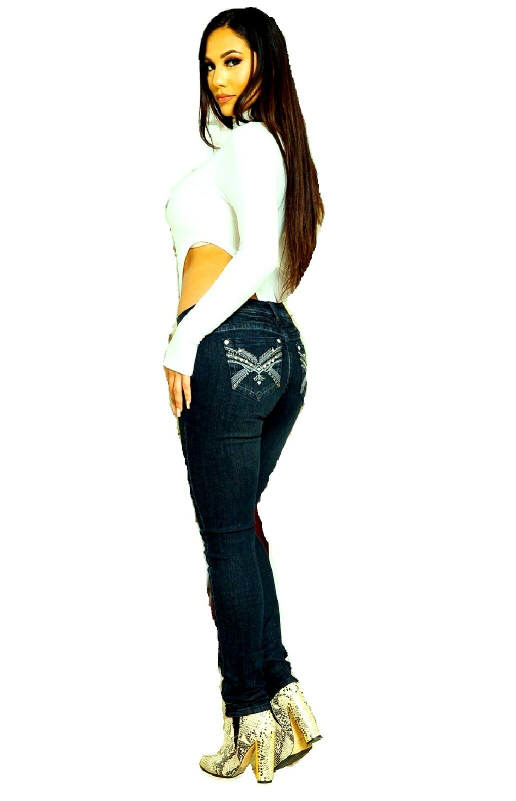 Classic Rhinestone Premium Women's Stretch Skinny Fit BLUE Denim Jeans Pants