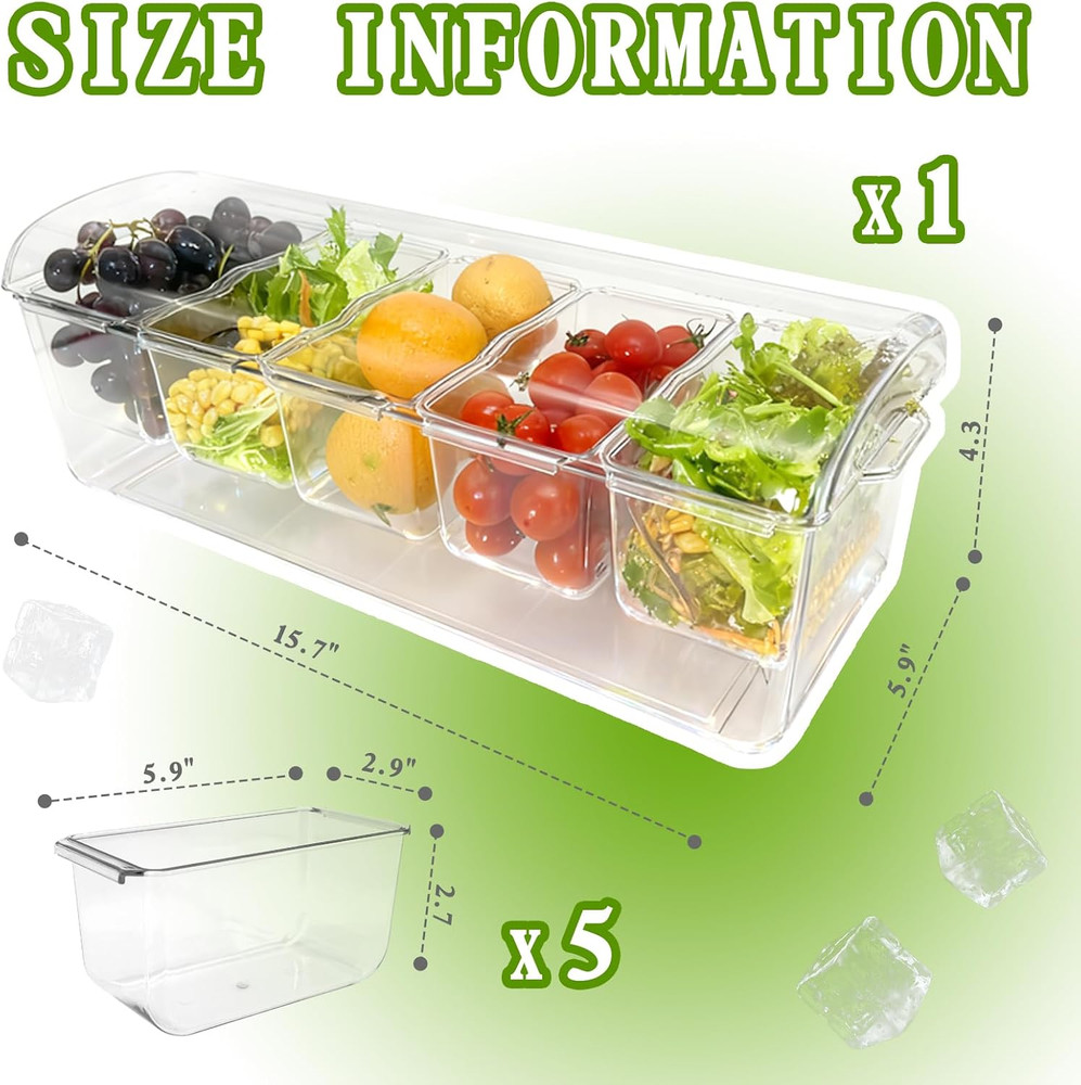 Ice Chilled Condiment Server, 5 Removable Compartments Condiment Containers with