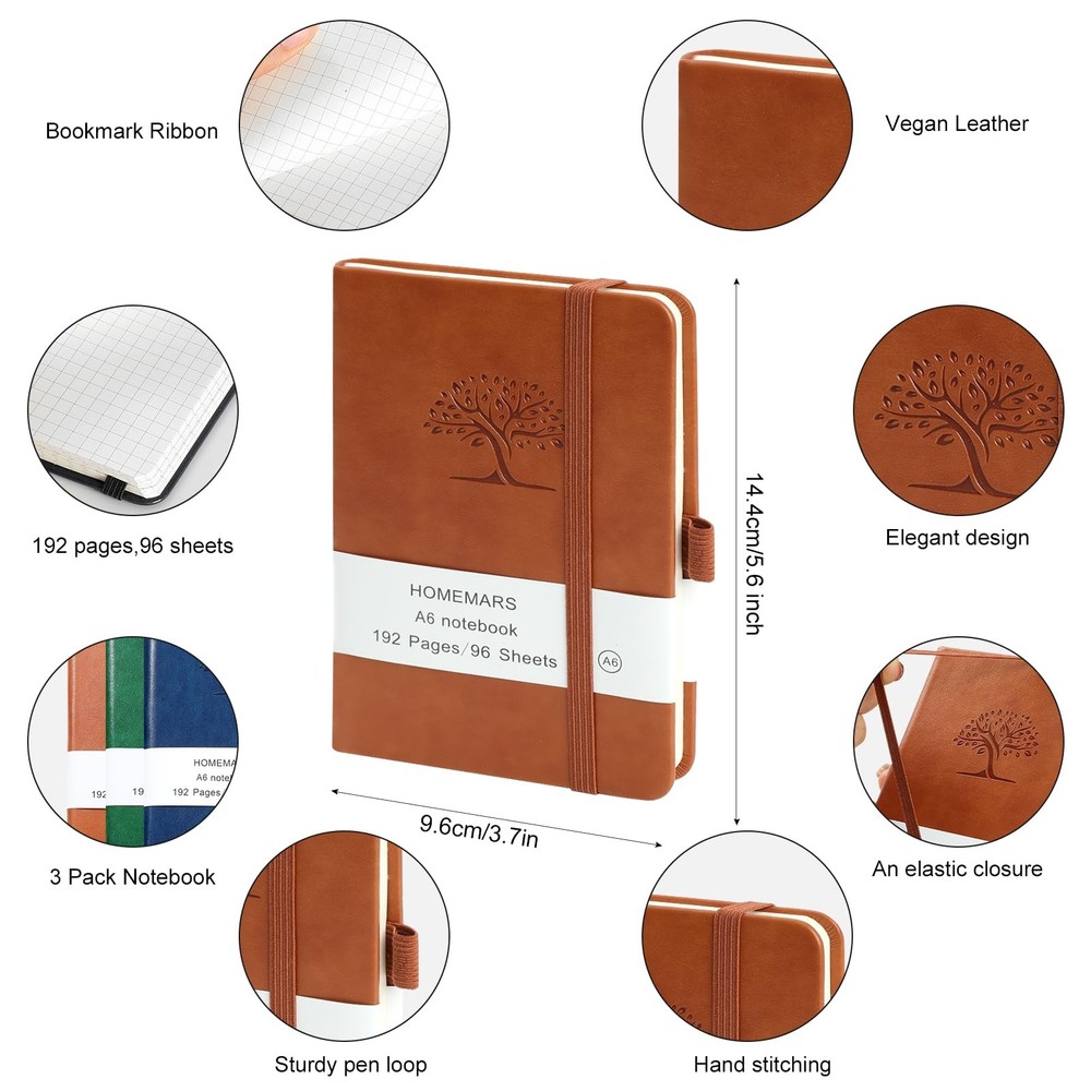 Small Notebook, Pocket Notebook, 3 Pack, Notebook A6, Squared,3.7" x Graph