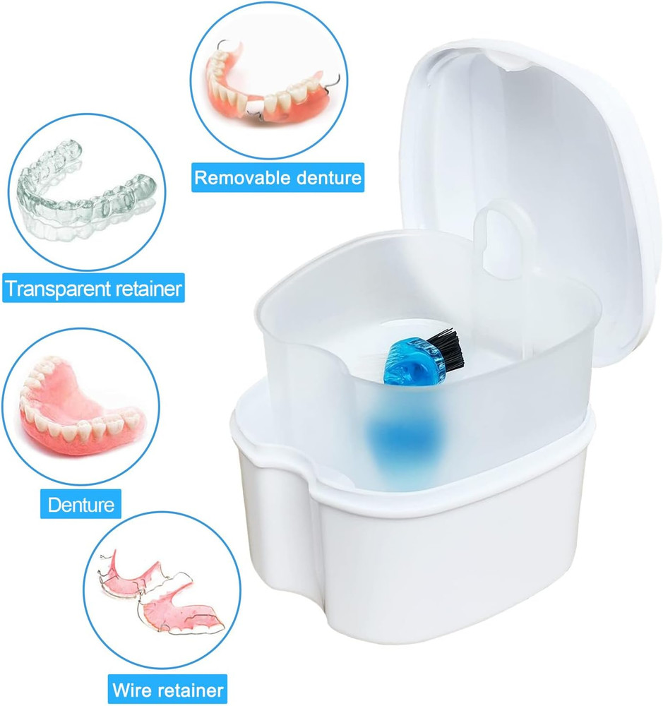 Denture Soaking Box Orthodontic Retainer Bath Case with Strainer Basket, False T