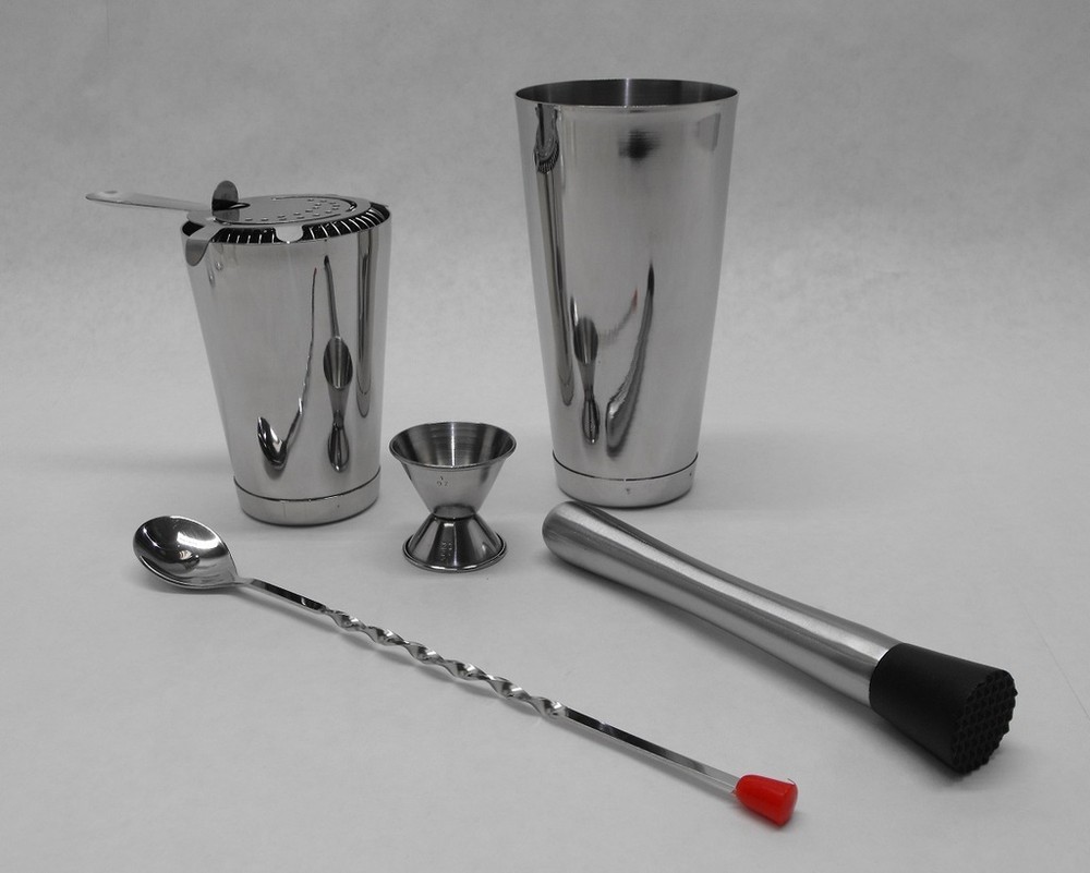 7 Piece BOSTON SHAKER SET Strainer, Muddler, Spoon, Jigger, WEIGHTED Tin Bar Kit
