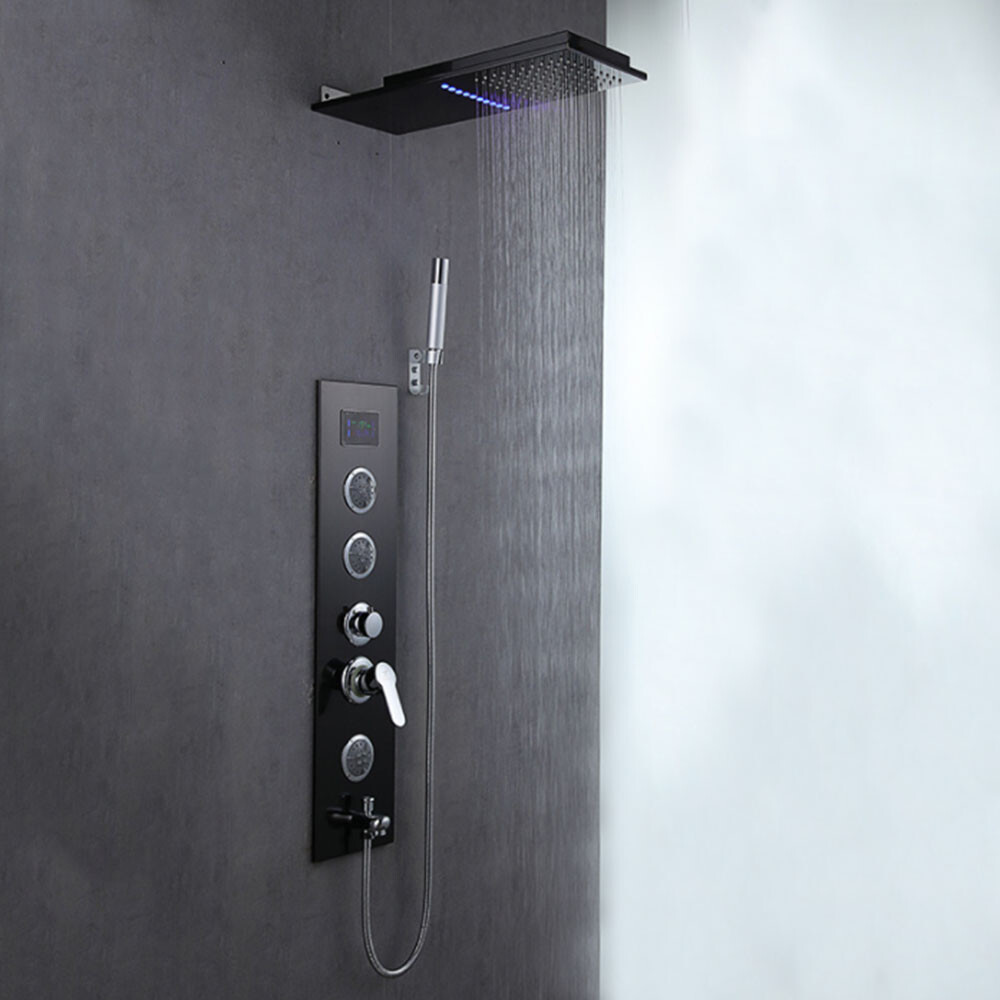 Massage LED Shower Panel System Black Digital Display 4-Way Mixing Valve Tap Set
