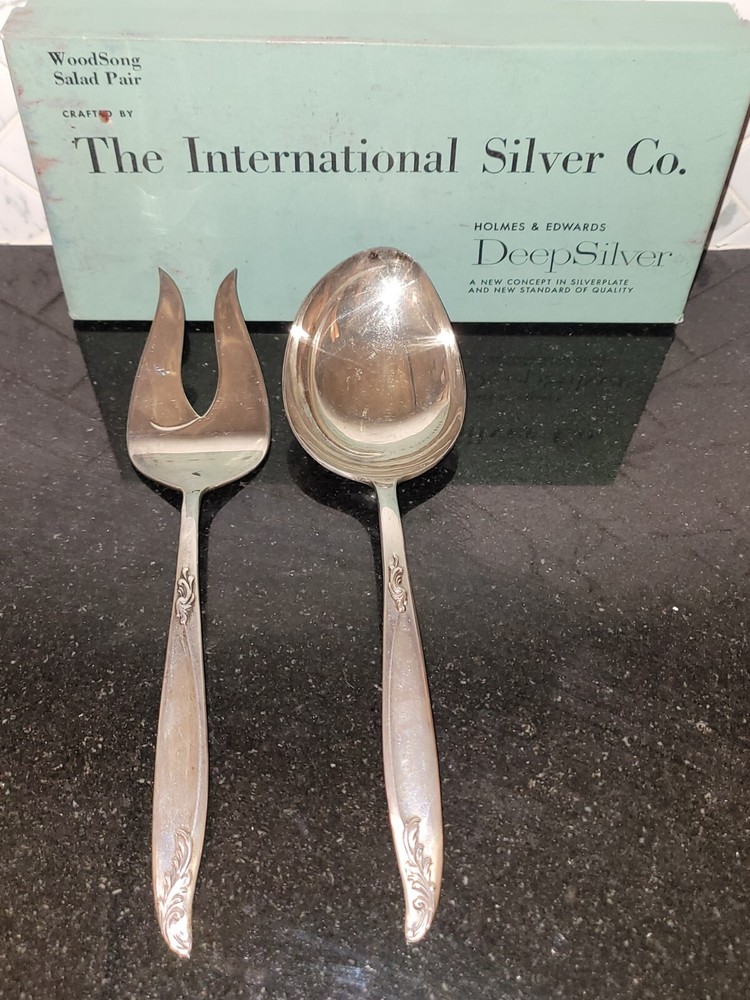 1958 WOODSONG Holmes & Edwards Deep Silver Salad Pair Spoon/fork • Original Box