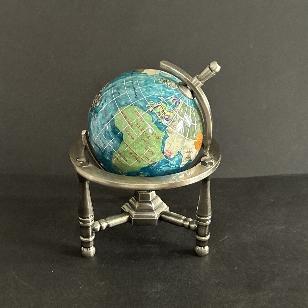 Multicolor Rotating Desktop Globe w Silver Tone Metal Holder