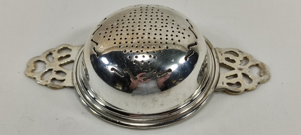 Vintage Silverplated Pierced Two-Handled Over Tea Service Cup Strainer Openwork