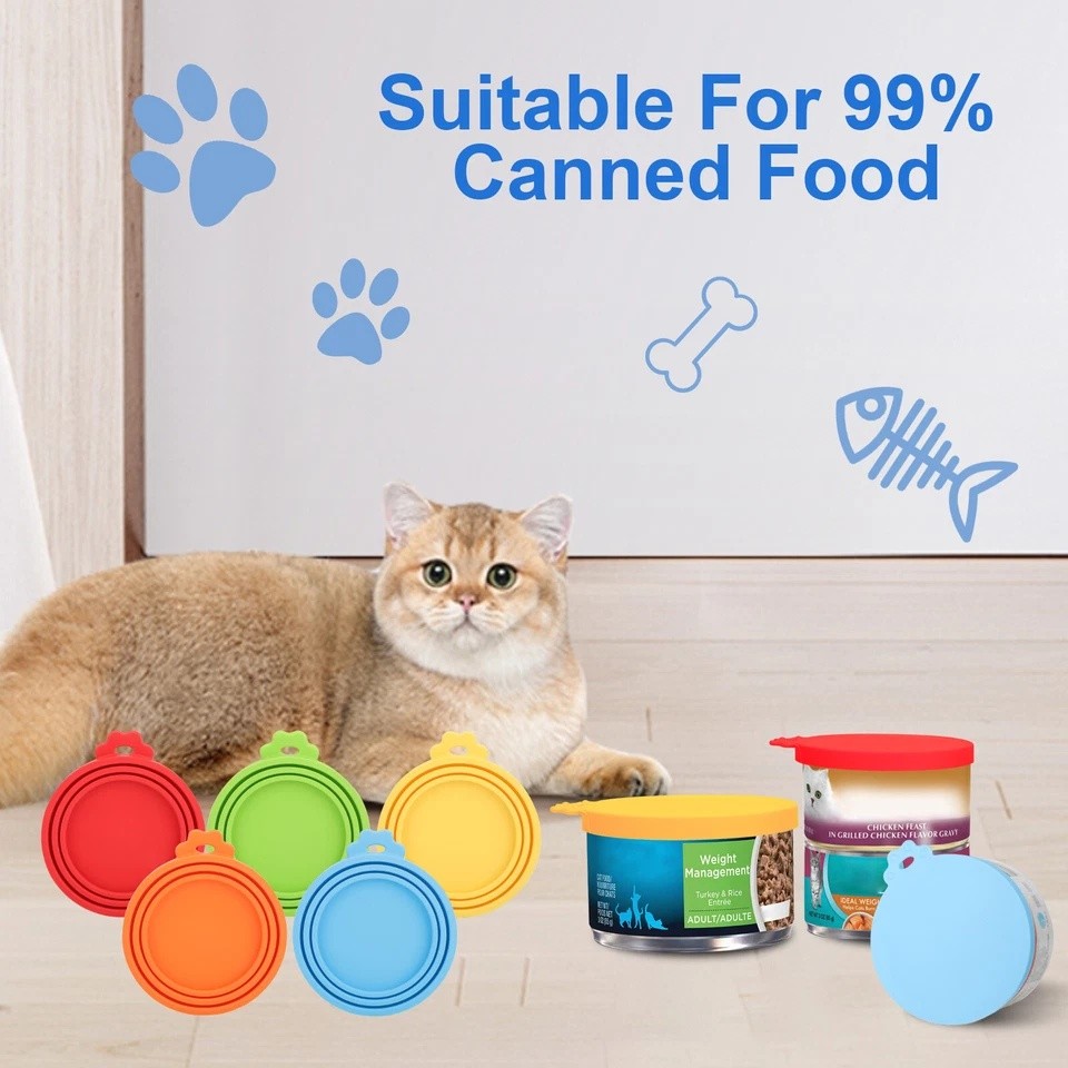 5x Safe Silicone Pet Food Can Cover Universal Reusable Can Lids 5 Spoon BPA Free