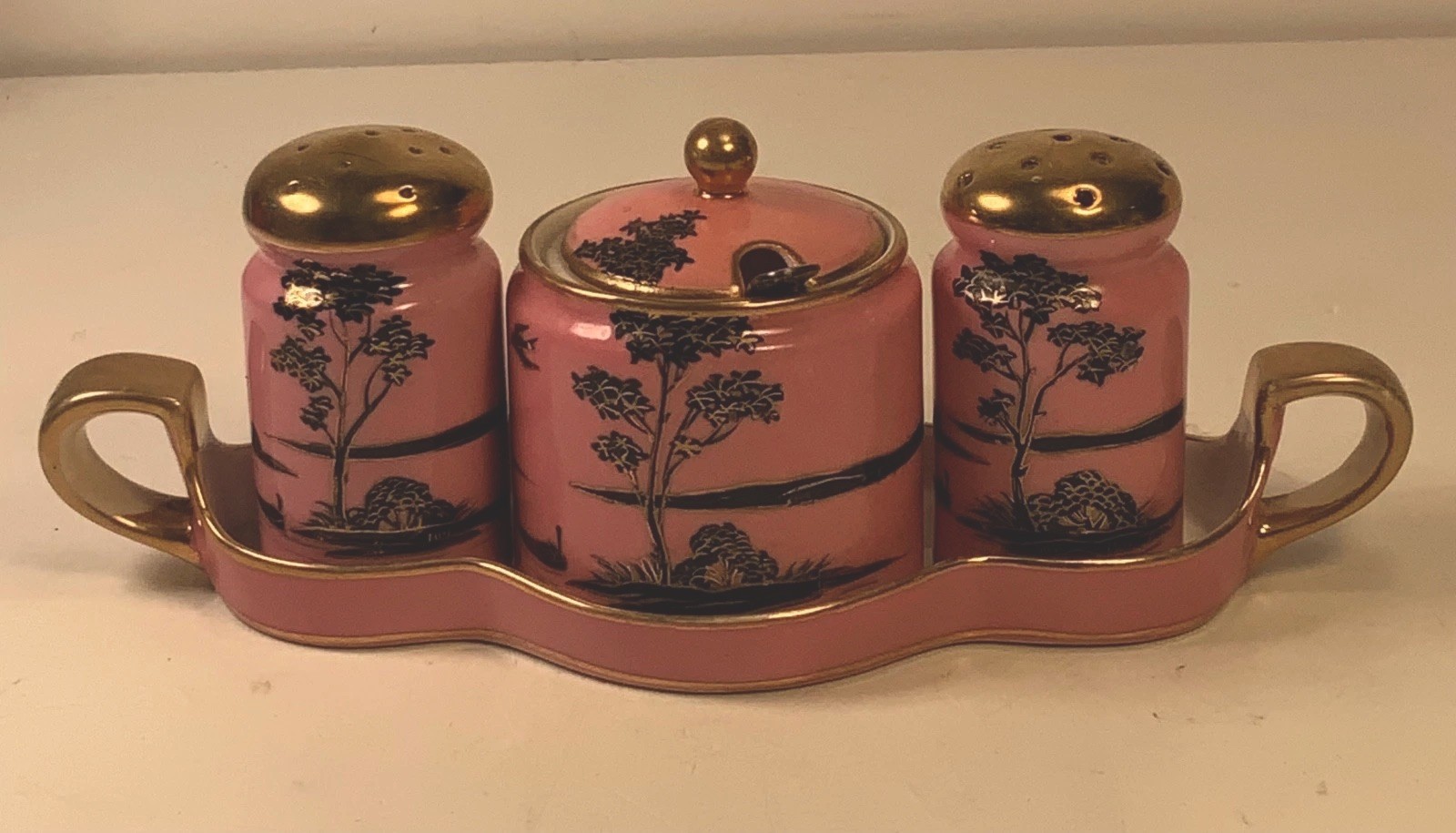 RARE Antique Noritake "M" Morimura Hand Painted Pink & Gold Comdiment Set & Tray
