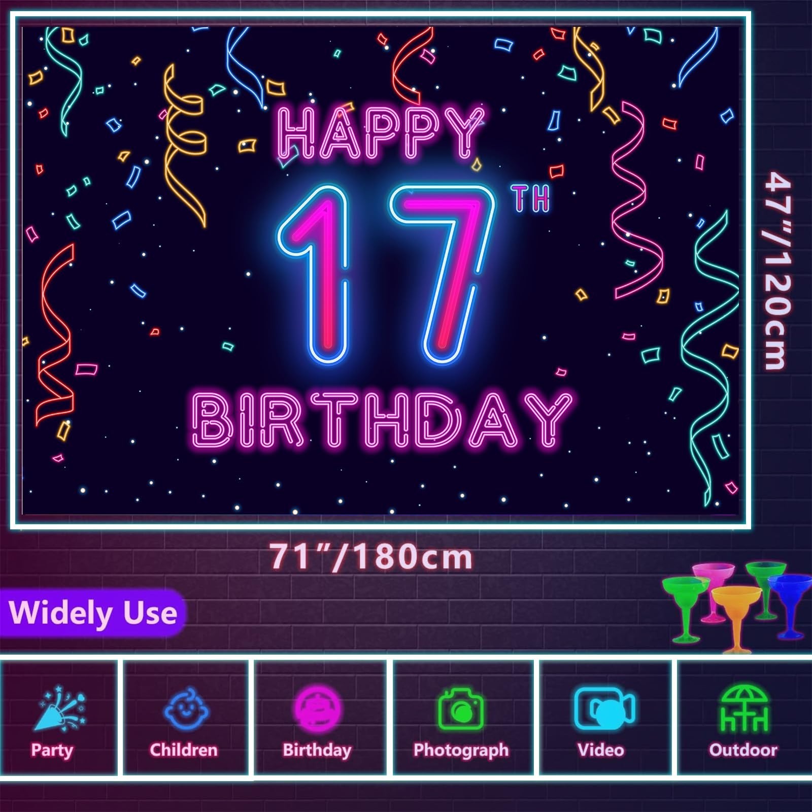 17th Neon Birthday Banner Backdrop, 17 Years Birthday Party Banner Let Glow P...