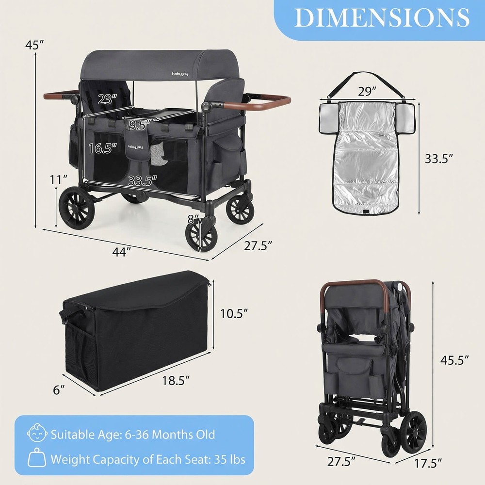 Wagon Stroller, Foldable 4-Seater Push-Pull Toddler Stroller w/Removable Canopy
