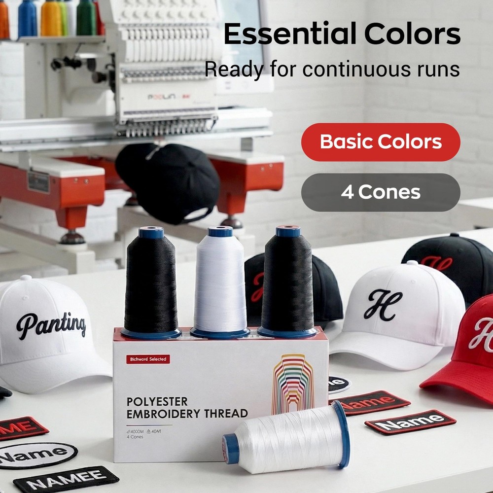 Richword Selected Black and White Embroidery Thread Set – 4 Rolls, 40WT Polye...