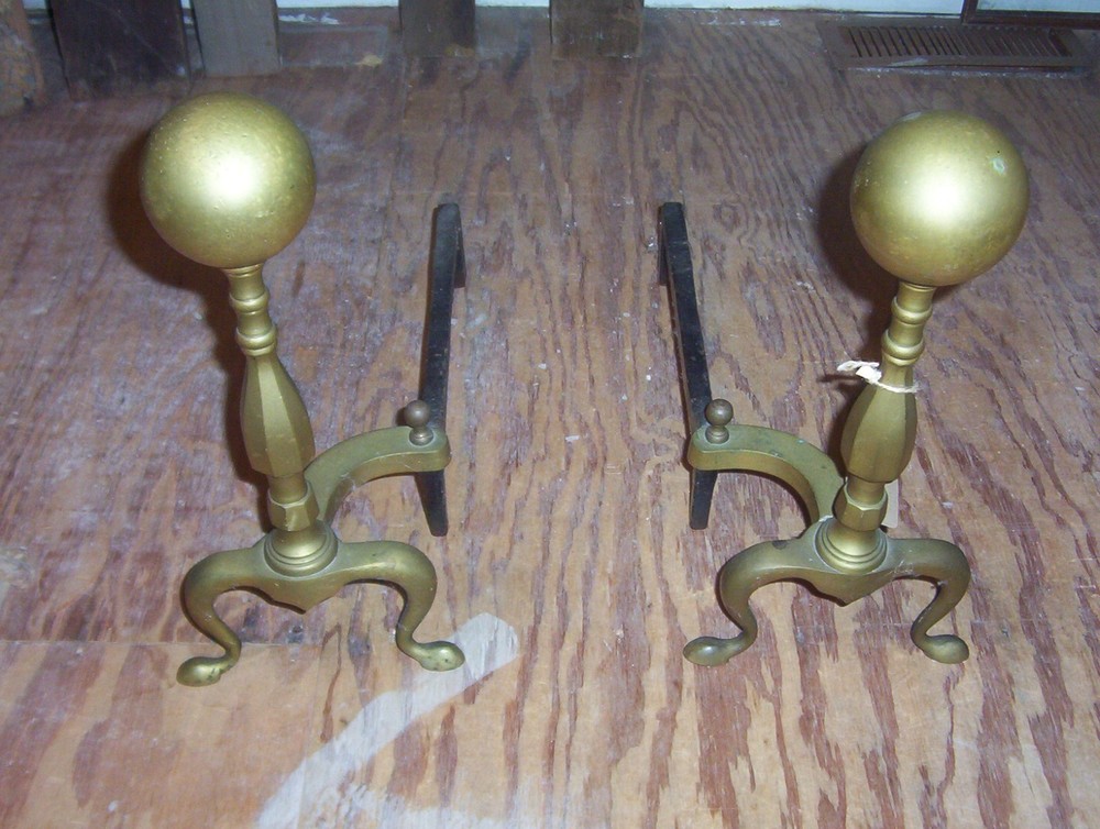 Antique Solid Brass Fireplace Andirons Decorative / Firedogs Heavy