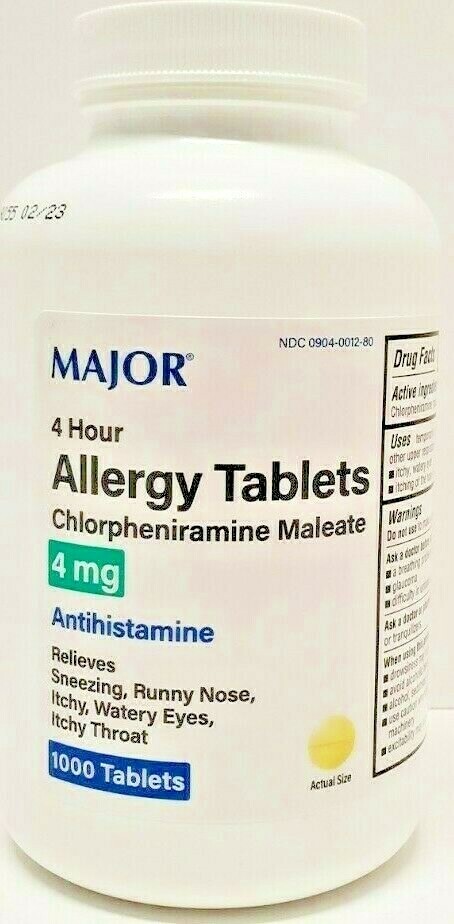 Major Chlorpheniramine 4mg Allergy Tablets 1000ct -Expiration Date 05-2026
