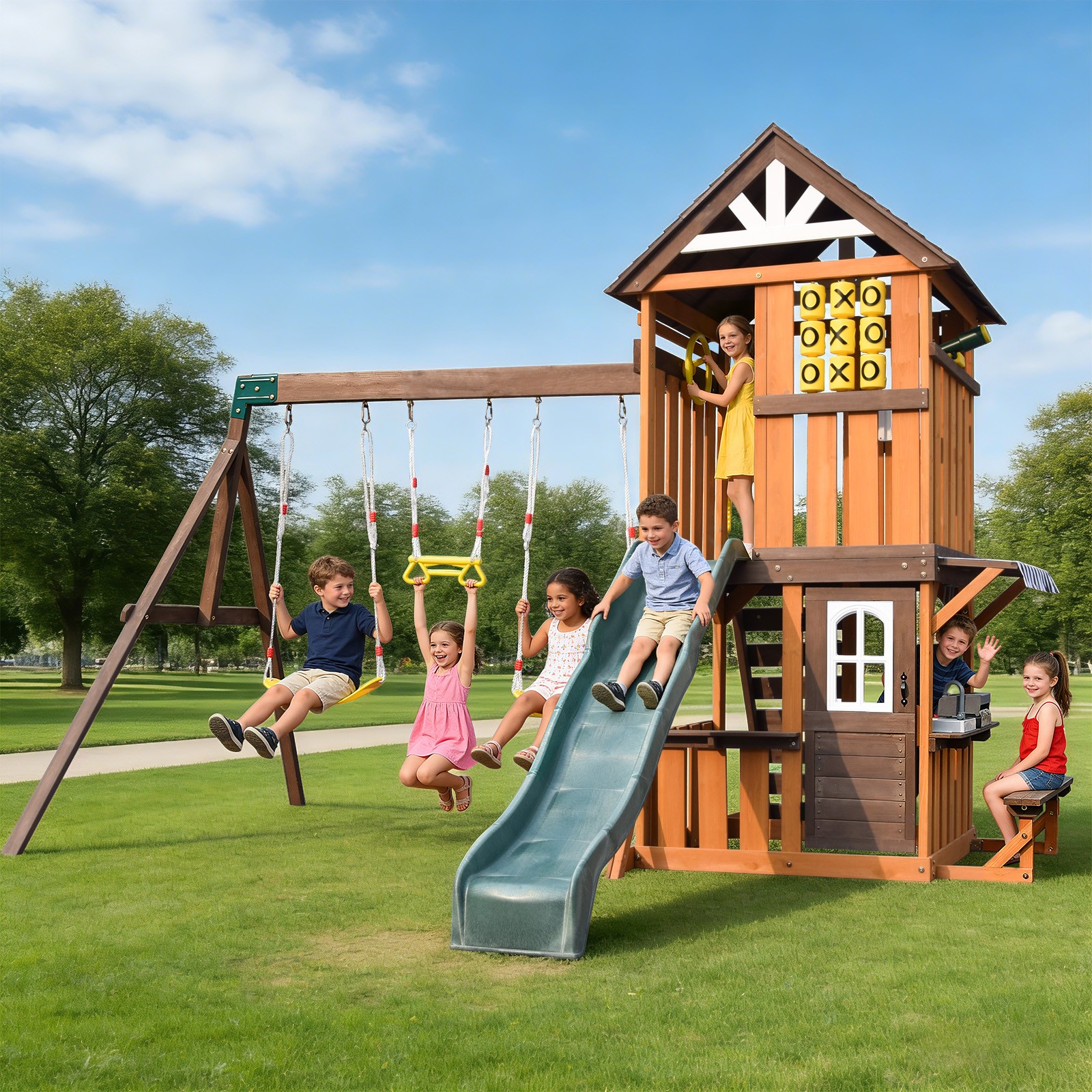 Large Wooden Kids Swing Slide Set Playhouse Kitchen,Rock Wall Outdoor Playground