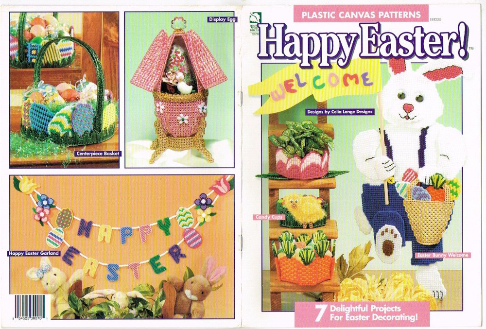 Happy Easter Plastic Canvas Pattern Leaflet Carrots Basket Bunny 1995 Garland