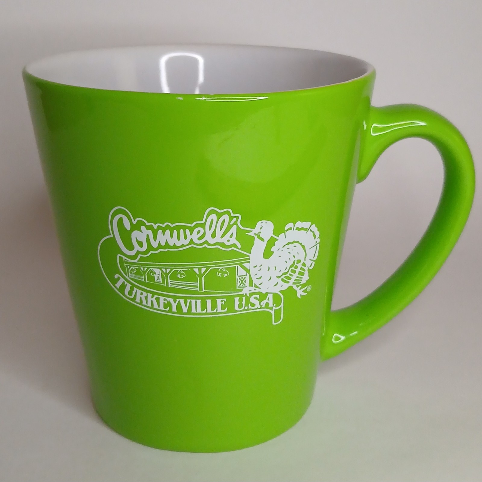 Cornwells Turkeyville USA Bright Green Ceramic Coffee Mug Marshall MI HTF Rare