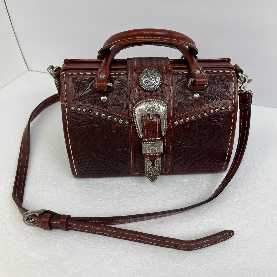 American West Tooled Leather Western Satchel Concho Crossbody Bag Cowgirl