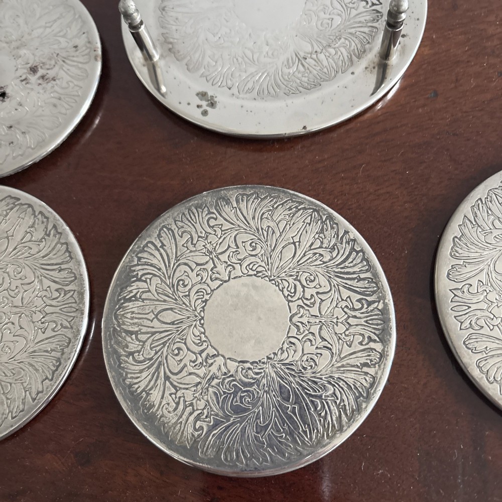 Vintage Silver Plated Coaster Set 6 Piece With Holder Engraved Tableware