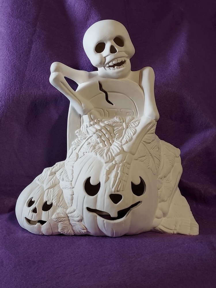 Ceramic Bisque ~ Ready to paint~ Skeleton, gravestone and Pumpkins & light kit