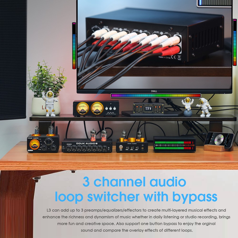 Douk Audio L3 3 Channel Stereo Audio Loop Switcher w/VU Meter RCA Selector BOX
