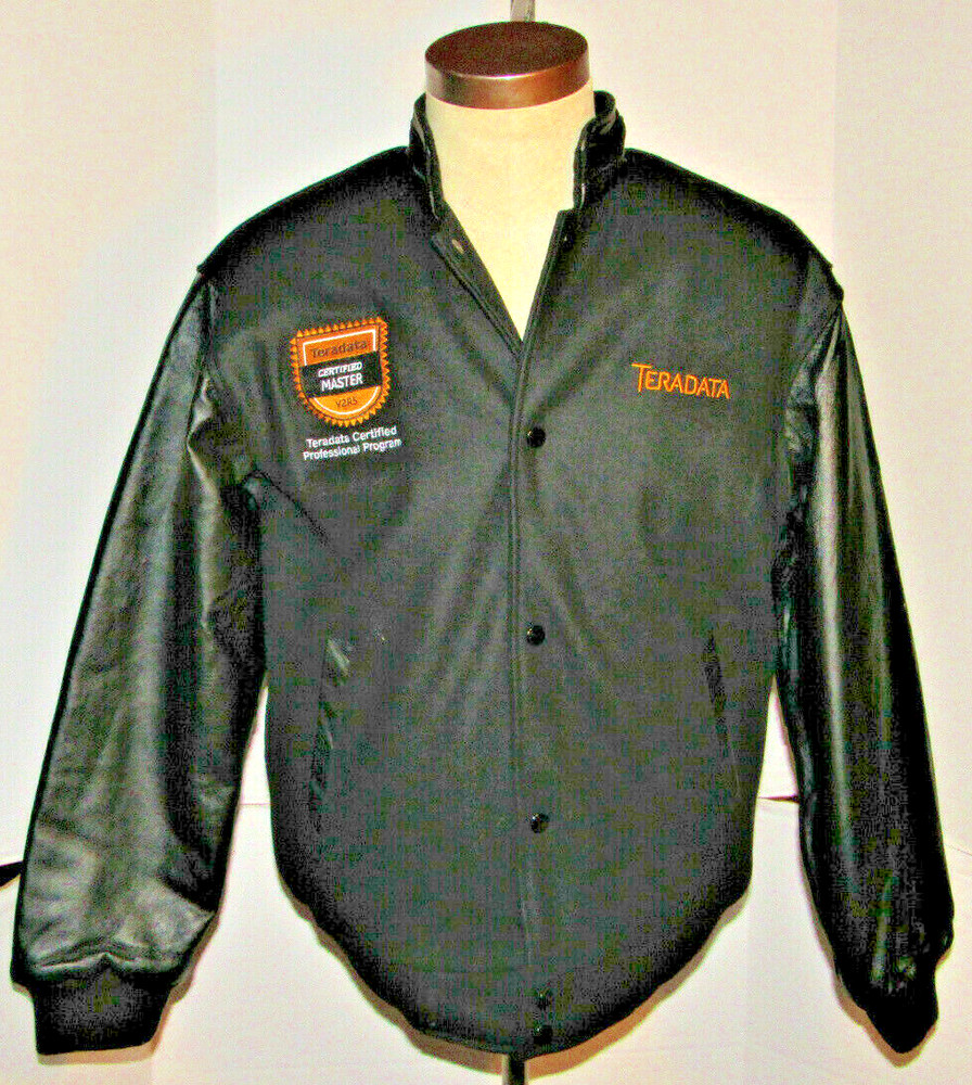 TERADATA 'CERTIFIED MASTER' BLACK WOOL VARSITY JACKET! LEATHER SLEEVES! NWT! S