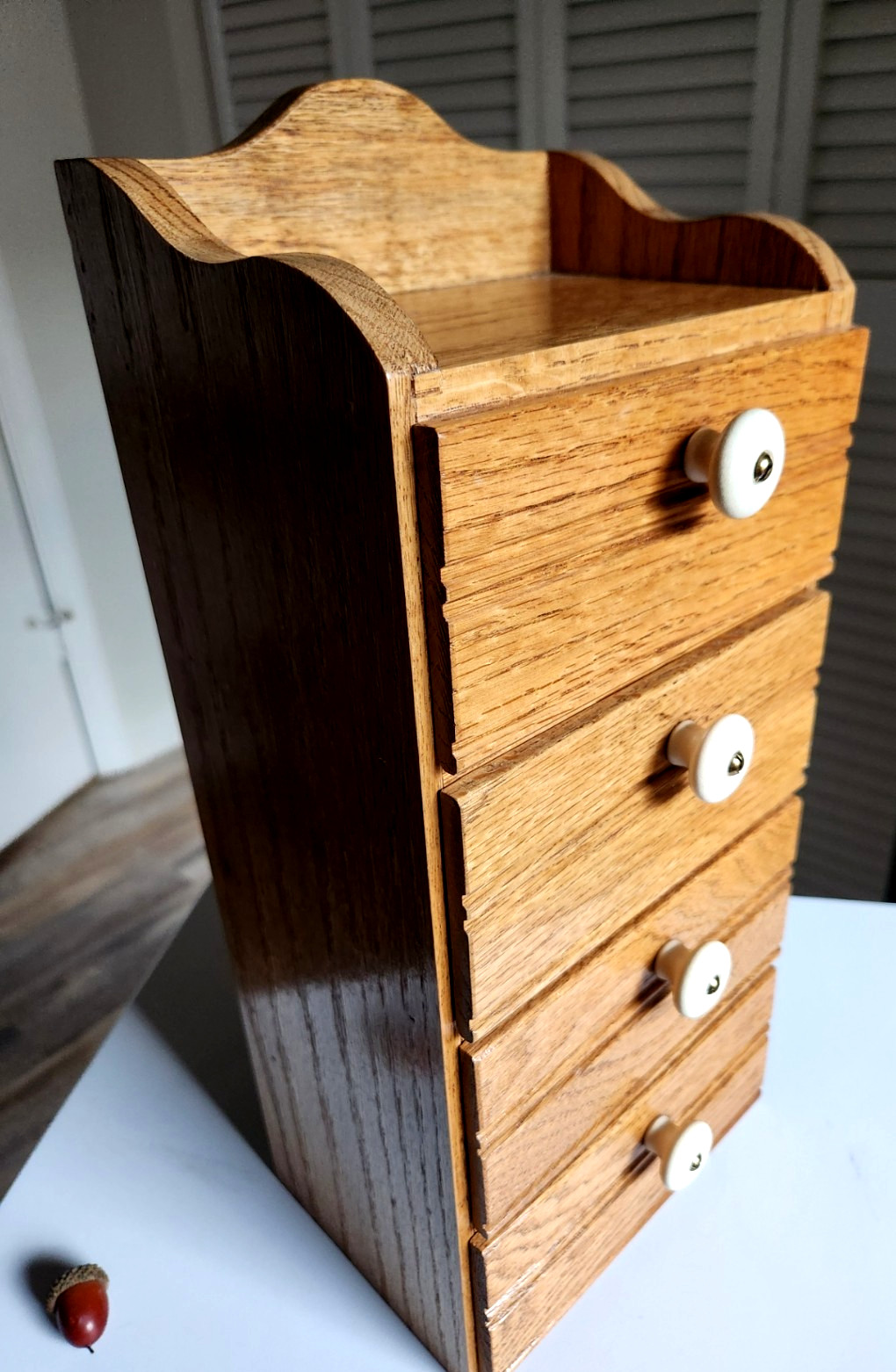 Vintage OAK Wood Hang or Stand Spice Box Cabinet 4 Drawer Porcelain/Brass Pulls