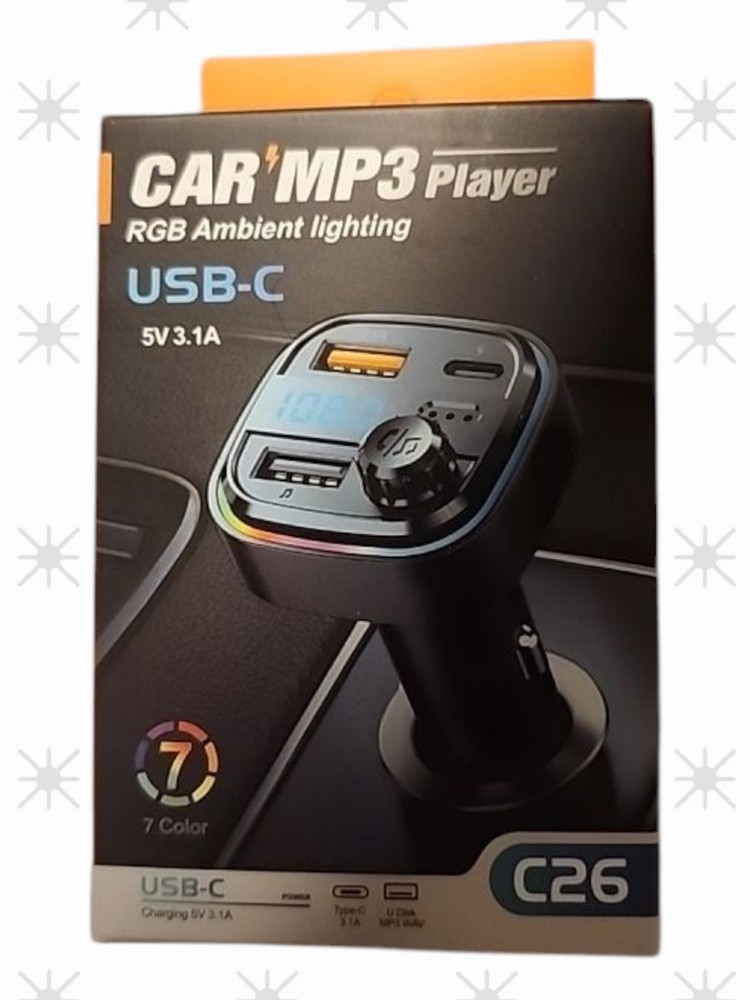 New Sealed Bluetooth 5.0 Car MP3 Player RGB IPhone, Handsfree Call USB-C 5V 3.1A