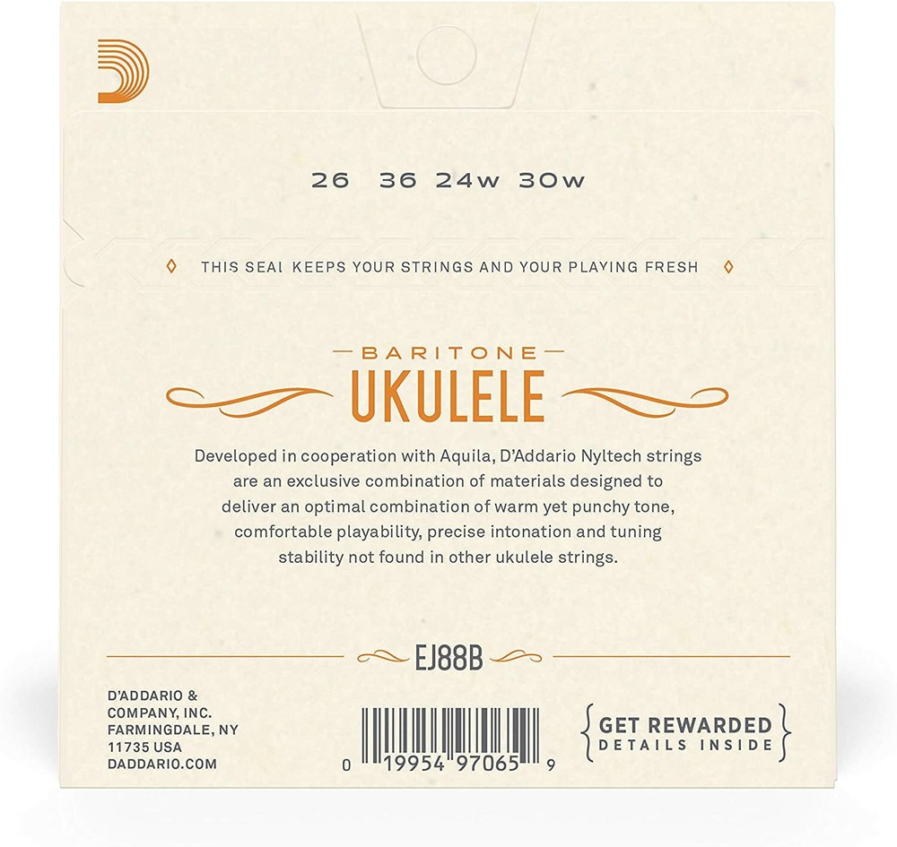 D'Addario EJ88B Nyltech Baritone Ukulele Strings Uke DGBE Tuning