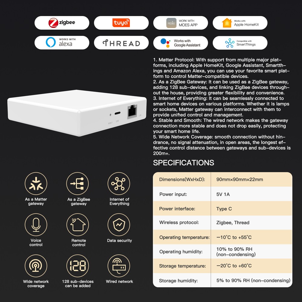 MOES Smart ZigBee Matter Thread Gateway Hub Support SmartThings, Homekit, Tuya