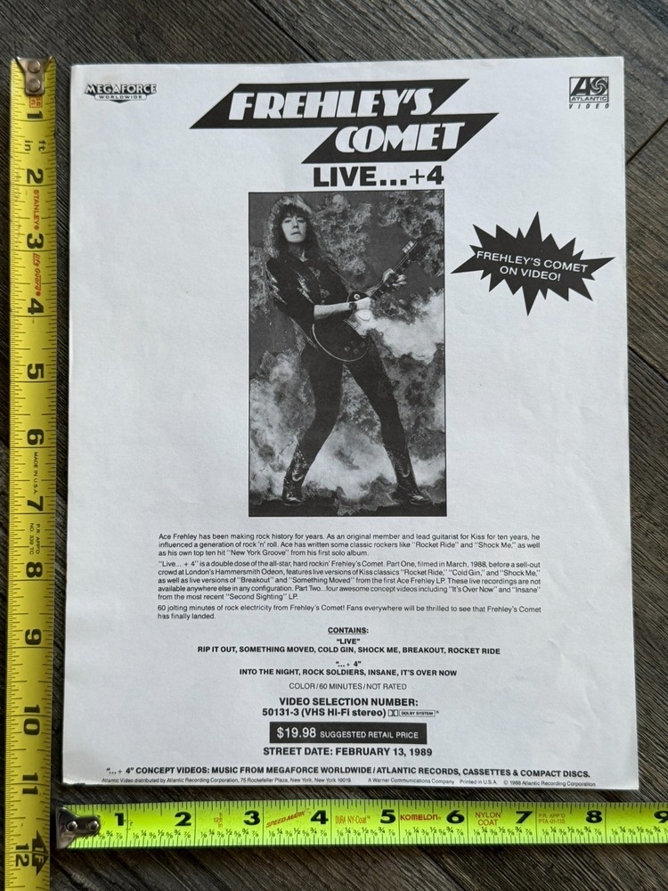 Kiss Ad Sheet ACE FREHLEY Frehley's Comet Live +4 VHS Video Release Vintage Kiss