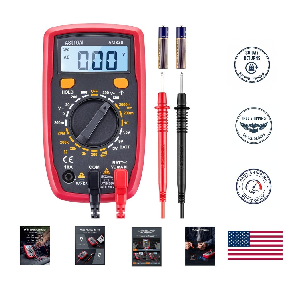 2000 Counts Digital Multimeter with AC/DC Volt Meter & Resistance Tester - Black