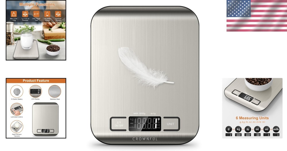 Precision Digital Kitchen Scale, 11 lb Capacity, Tare Function, Stainless Steel