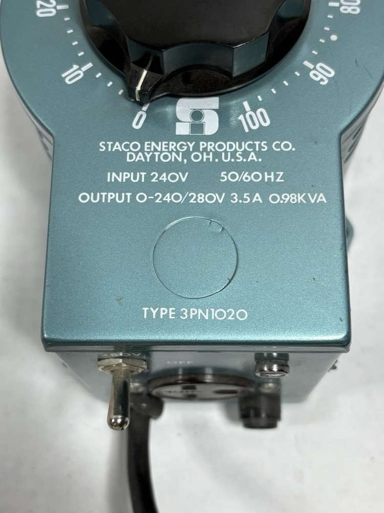 Staco Variable Transformer Type 3PN1020 0-240VAC input, 0-240/280VAC output