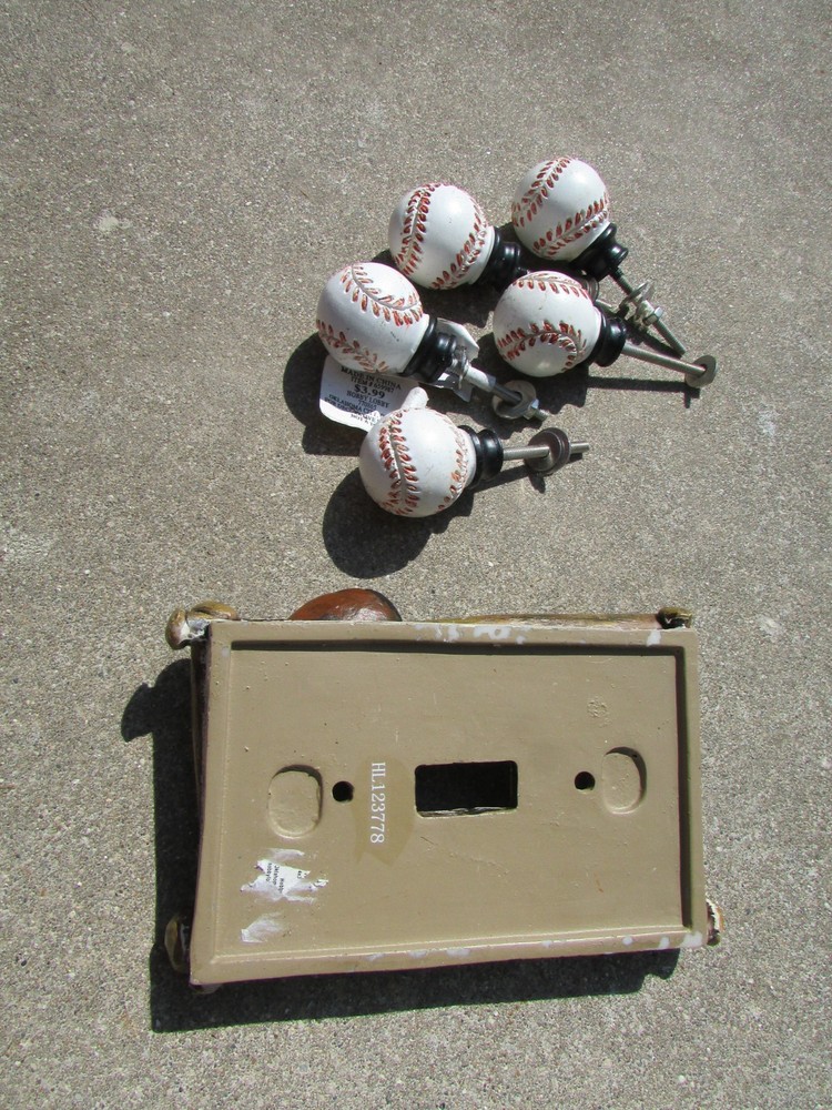 Lot of 5 Round BASEBALL Pull Knobs & 1-Toggle Light Switch Cover Child's Room
