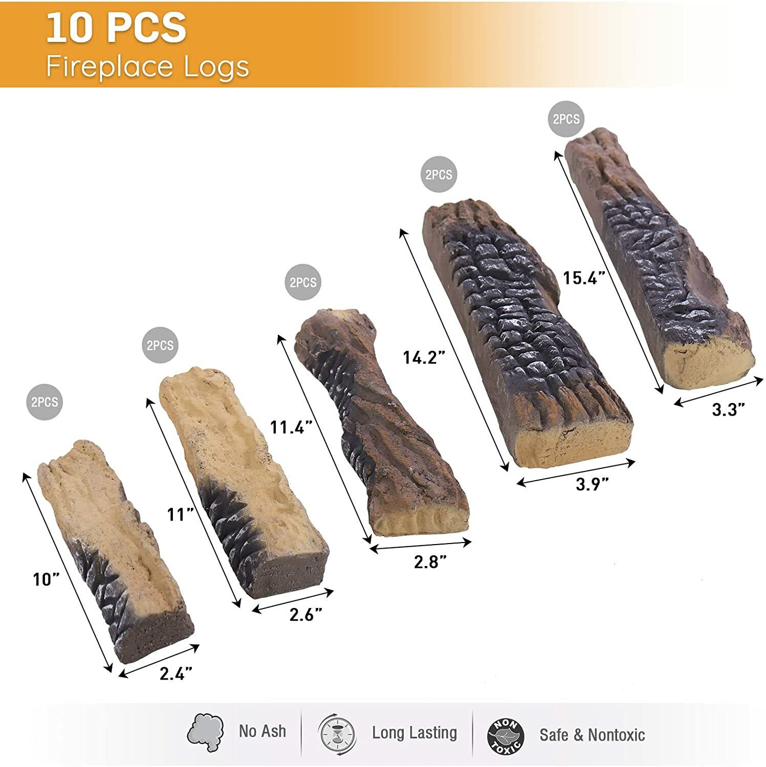 10 Pieces Set Realistic Flame Large Ceramic Wood Fireplace Logs Firepit Log Set