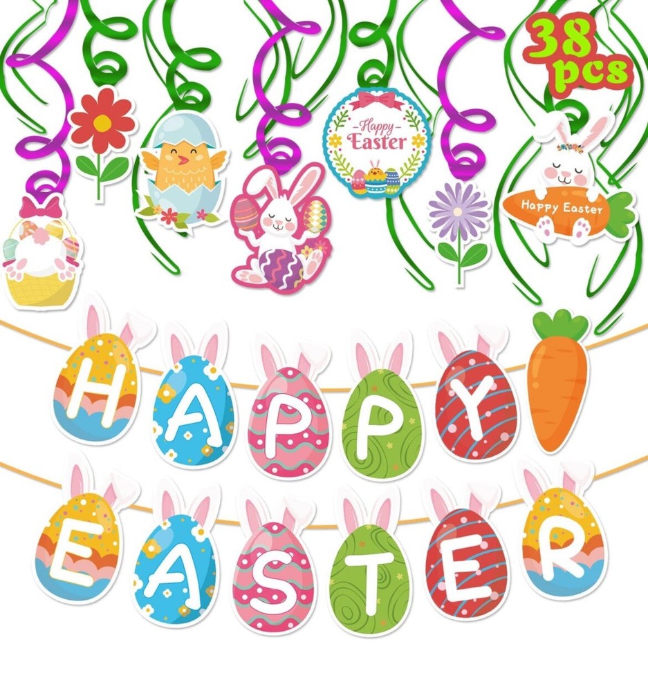 38pcs Easter Decorations Home Happy Easter Bunting Banner Decoration