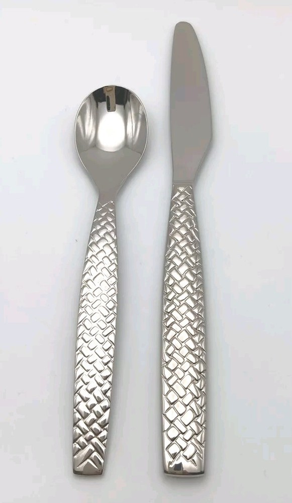Reed & Barton Weave Spoon Knife 2 Piece Set 18/10 Stainless Flatware Glossy