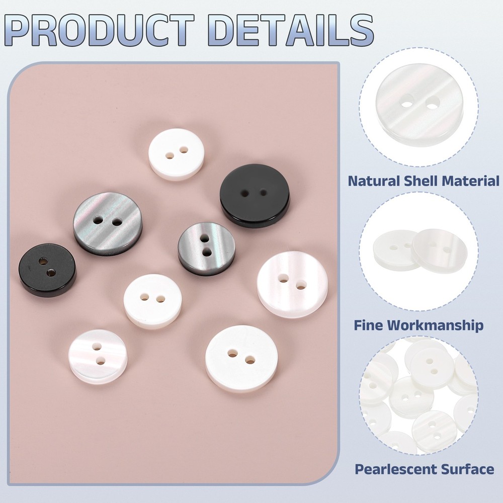100Pcs Natural Shell Button, 2 Hole 11mm Pearlescent Button for Shirt, White