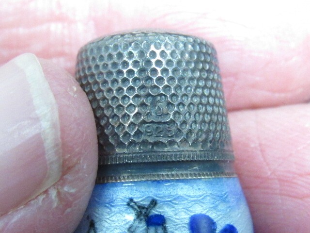 Enamel & Sterling Silver Thimble - Windmill Scene