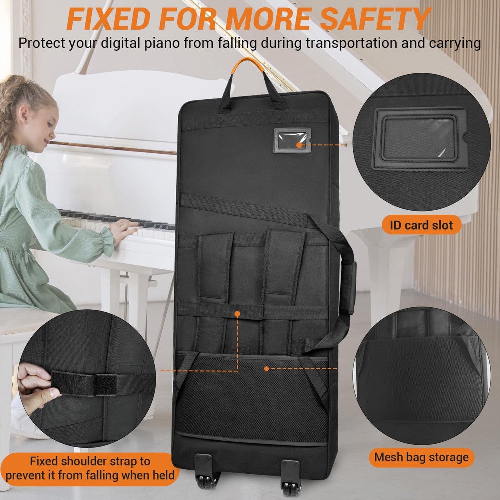 61-Key Keyboard Case with Wheels Adjustable Shoulder Straps– Padded Rolling ...