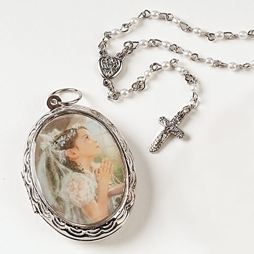First Communion Locket w/ Rosary for Girls