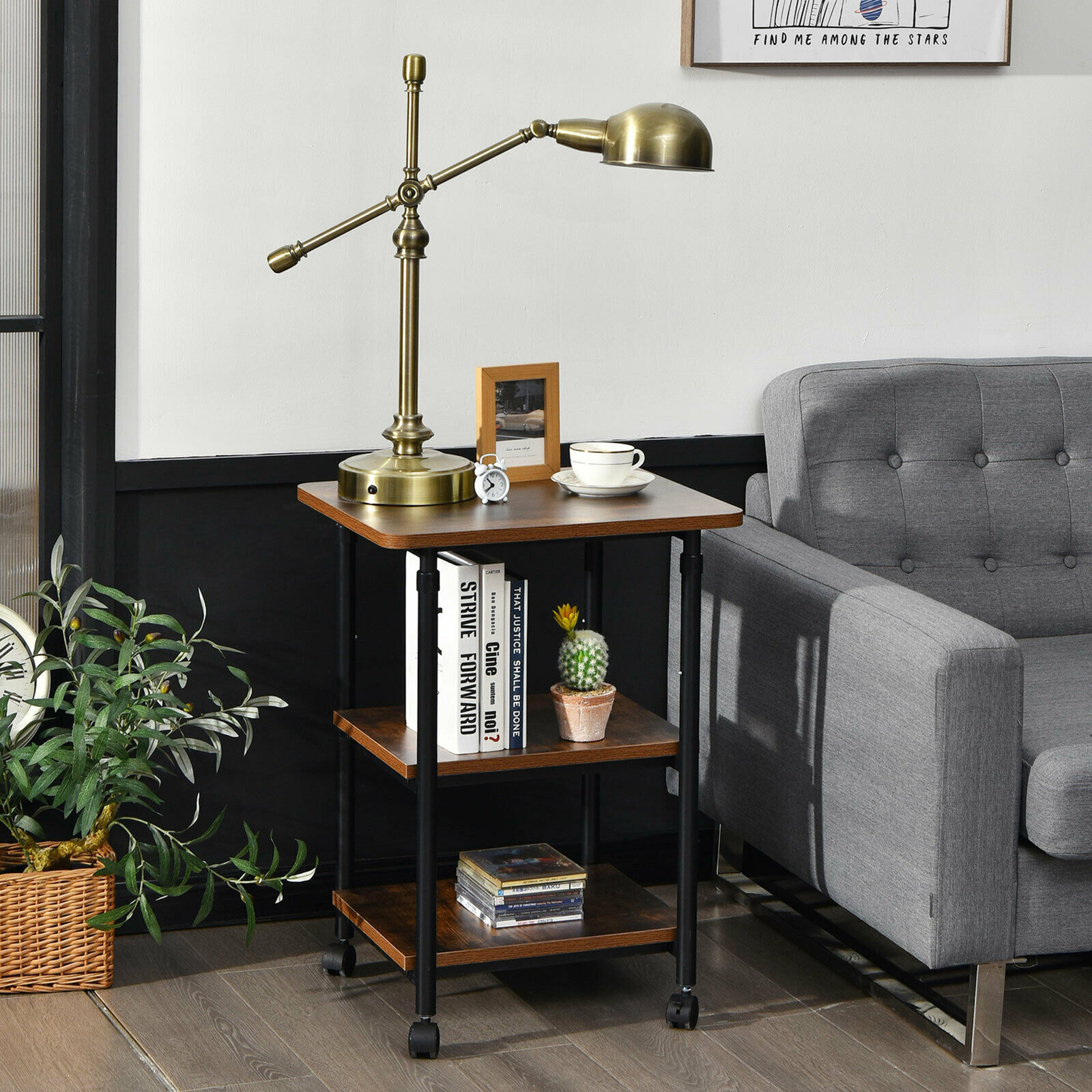 3-Tier Rolling Adjustable Printer Cart Machine Stand Storage Rack Brown