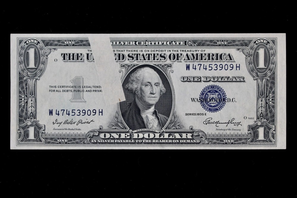 OBSTRUCTION ERROR $1 1935E CU Silver Certificate W47453909H series E, Embossing