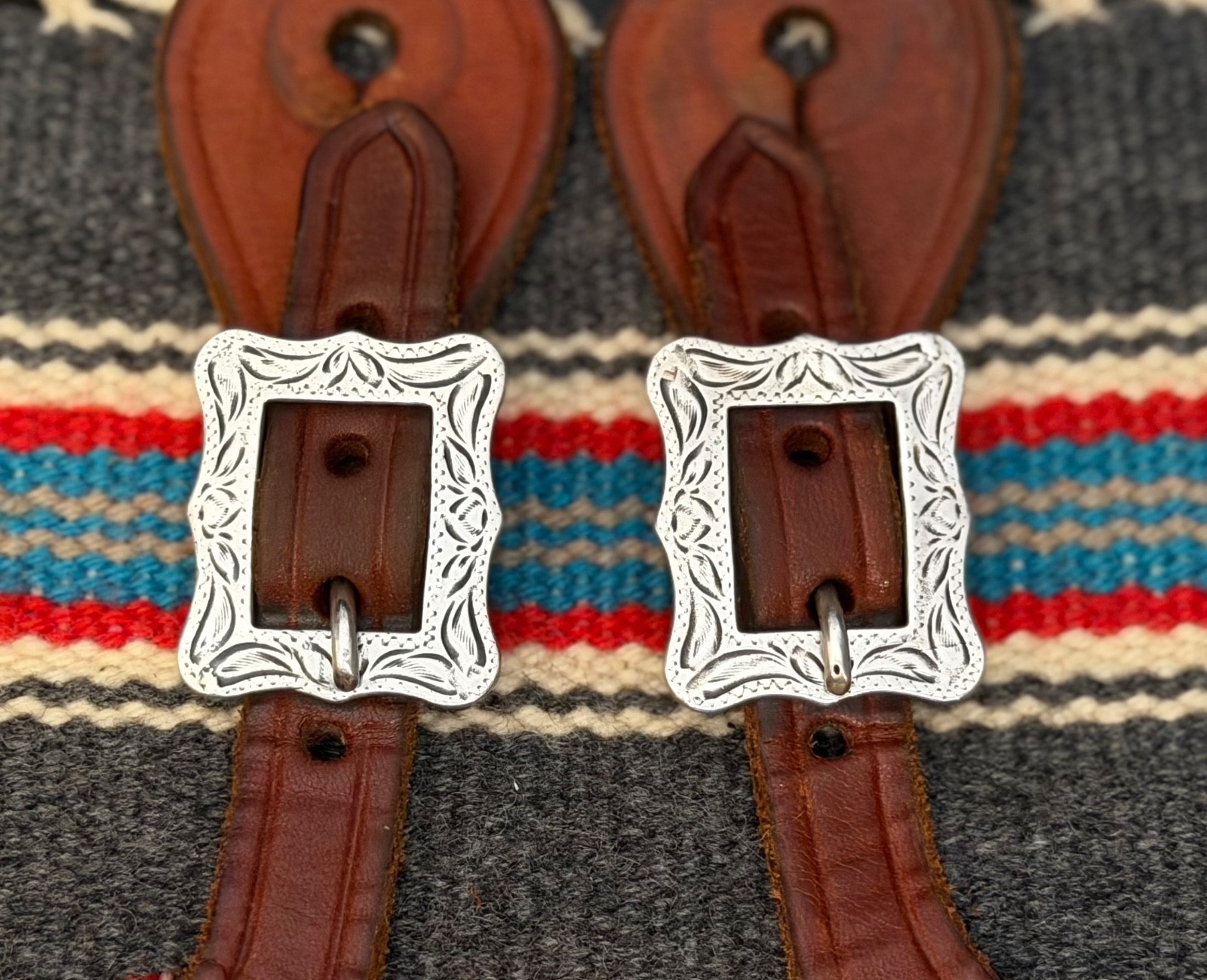 BEAUTIFUL Leather Spur Straps w/ “Sterling” Marked Conchos & “Keyston” Buckles