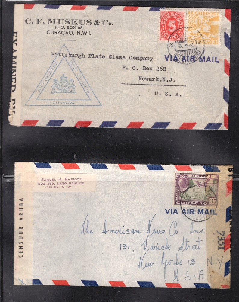 Curacao   2  nice  double  censor  airmail   covers  to  US