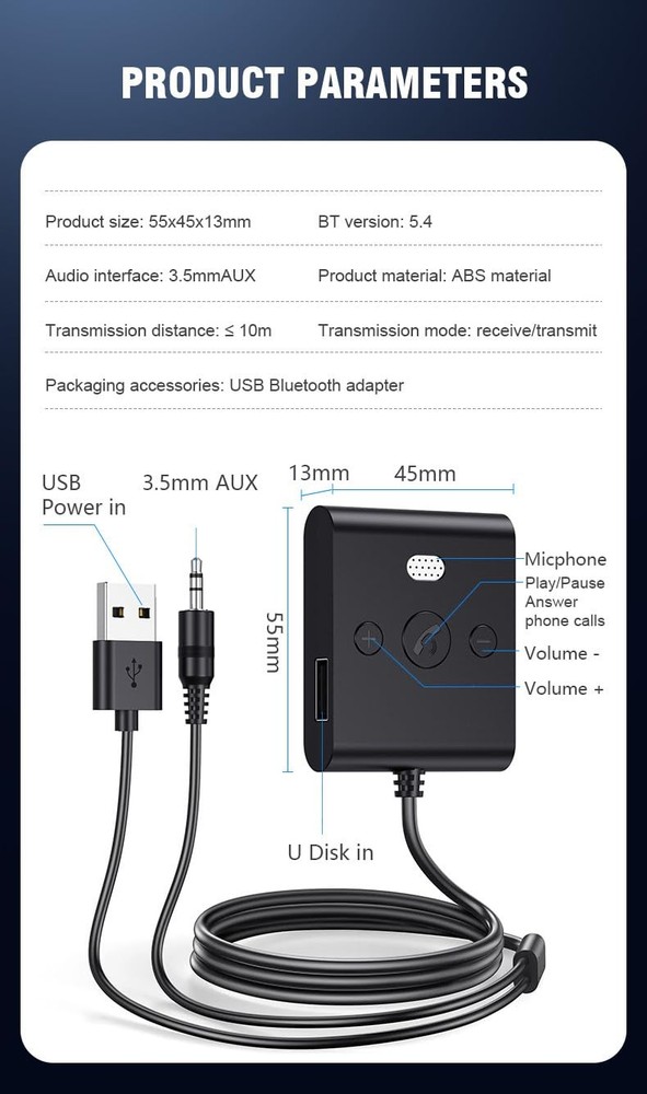 HAOQUOOU Bluetooth 5.4 AUX Car Adapter， [Enhanced Connection & Noise Cancella...